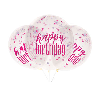 Priehľadné balóny s konfetami Happy Birthday Ružové 6 ks