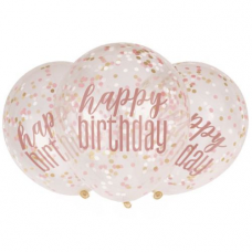 Priehľadné balóny s konfetami Happy Birthday Rose Gold 6 ks