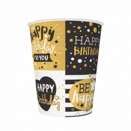 Poháre Happy Birthday čierno-zlaté